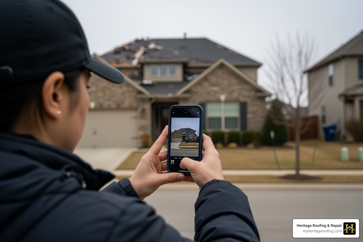 Homeowner safely taking photos of a damaged roof from the ground - Fayetteville storm damage