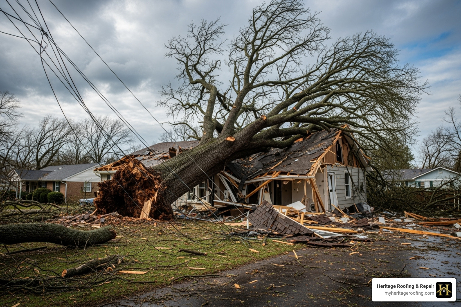Downed tree near a house in the Hughmount Village area - Fayetteville storm damage