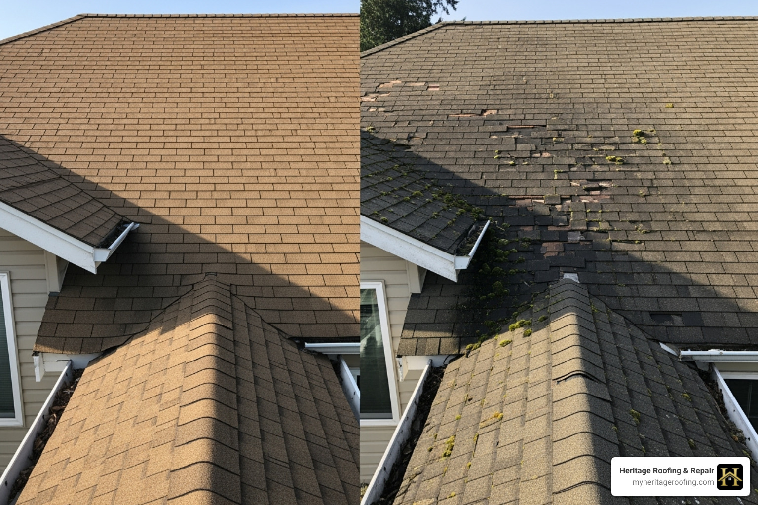 Image of a well-maintained roof next to a neglected one - roof insurance claim