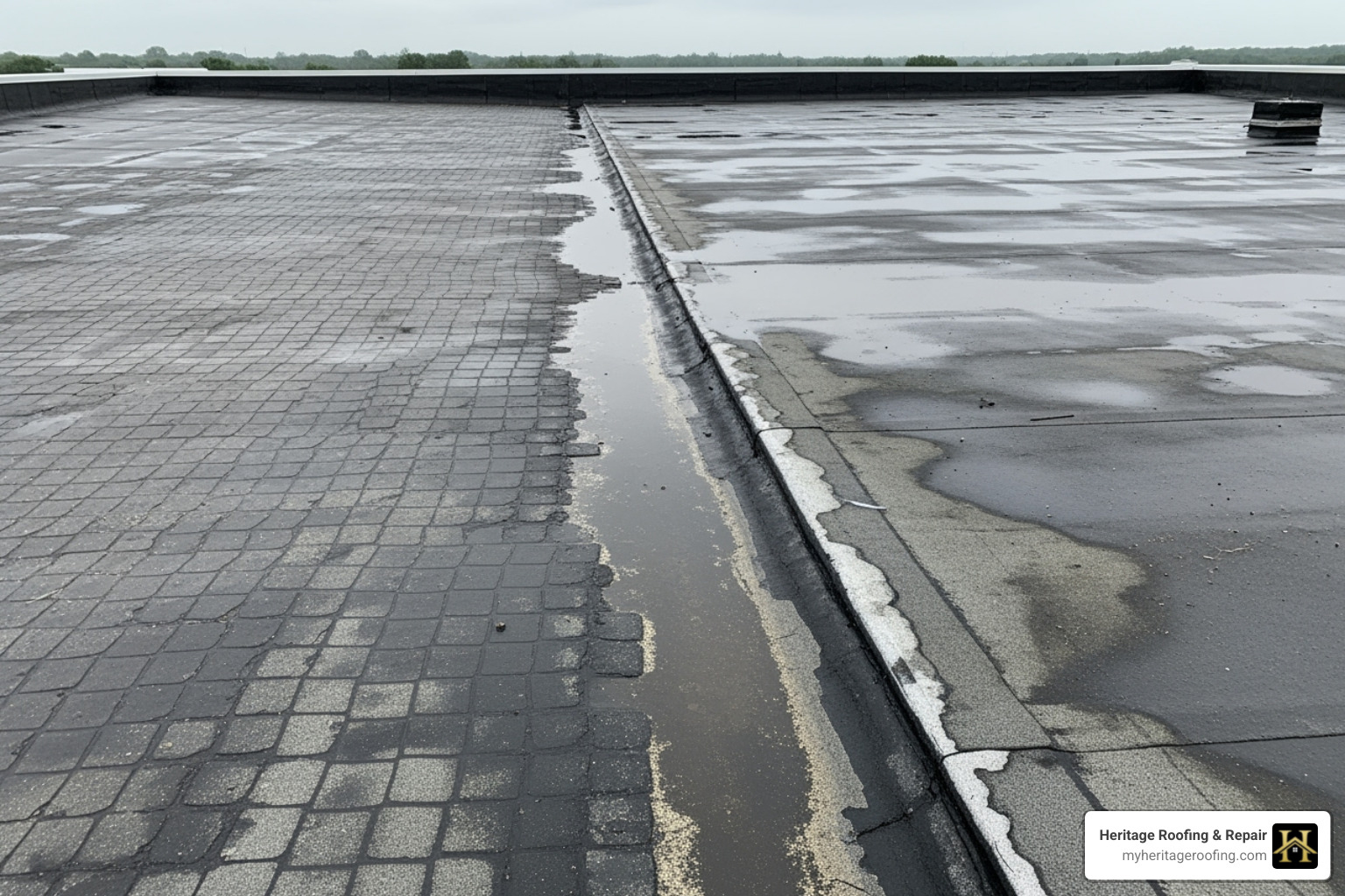 A roof showing common issues like alligatoring cracks and a leaking seam before restoration. - Commercial roof coating
