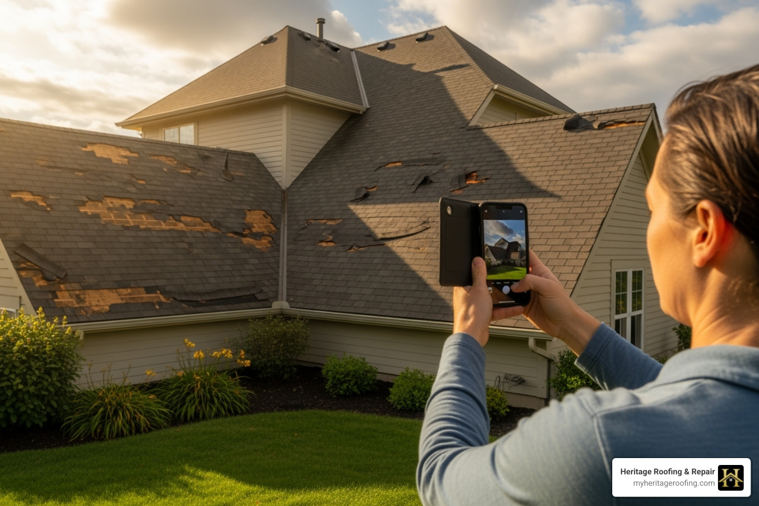 Image of a homeowner safely taking photos of roof damage from the ground - roof insurance claim