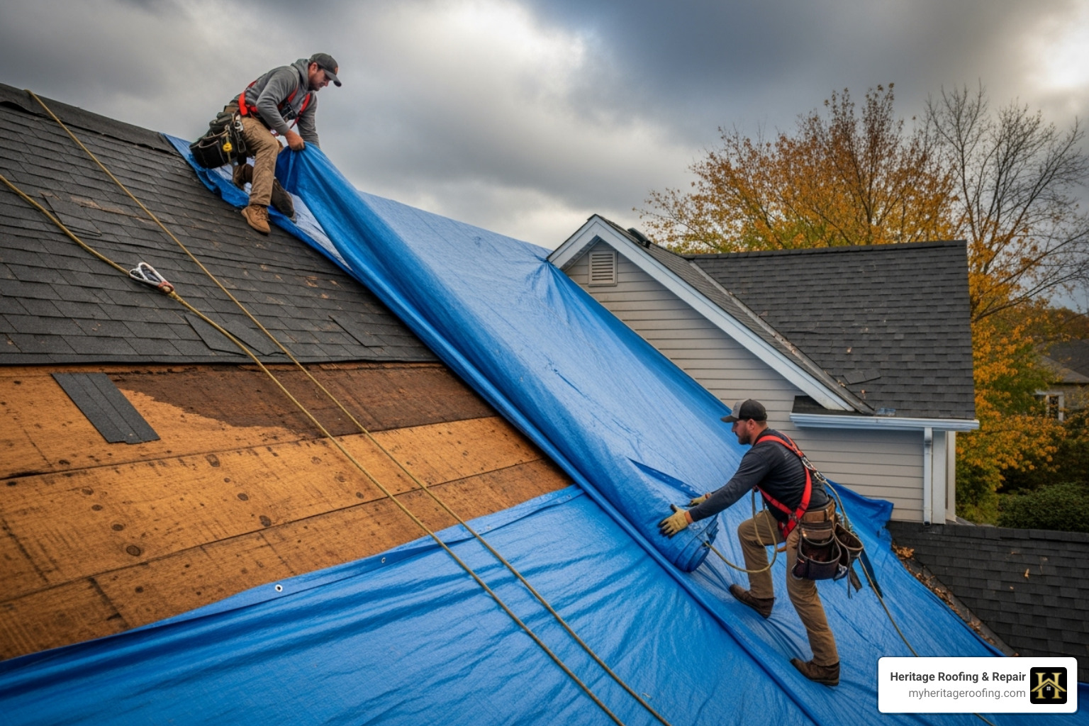 Two people unrolling a tarp over a damaged section of a roof. - emergency roof tarping