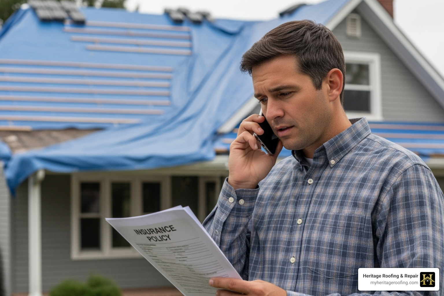 Homeowner on the phone, looking at their insurance paperwork with their tarped roof in the background. - emergency roof tarping