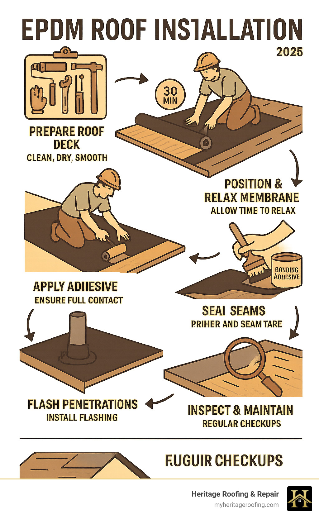 Detailed infographic showing the complete EPDM roof installation process from deck preparation through final inspection, including tools needed, adhesive application techniques, seaming methods, flashing details, and maintenance requirements - EPDM roof installation infographic 