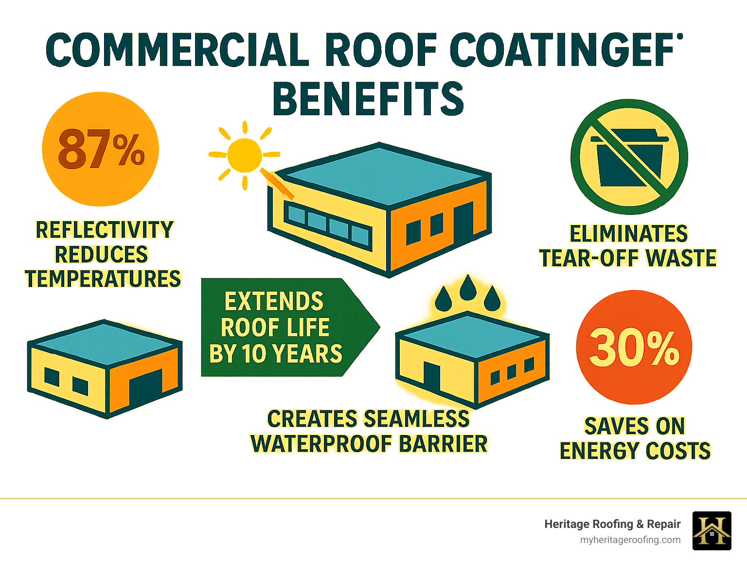 Infographic showing commercial roof coating benefits: 87% reflectivity reduces temperatures, extends roof life by 10 years, eliminates tear-off waste, creates seamless waterproof barrier, and saves 30% on energy costs - Commercial roof coating infographic 