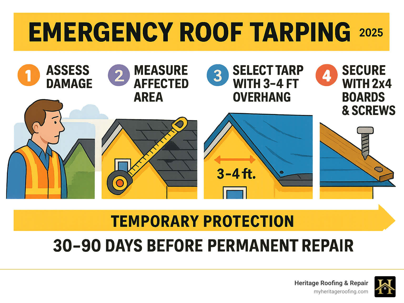 Infographic showing the emergency roof tarping process: assessment of damage, measuring the affected area, selecting appropriate tarp size with 3-4 feet overhang, securing with 2x4 boards and screws, and timeline showing 30-90 day temporary protection before permanent repair - emergency roof tarping infographic 