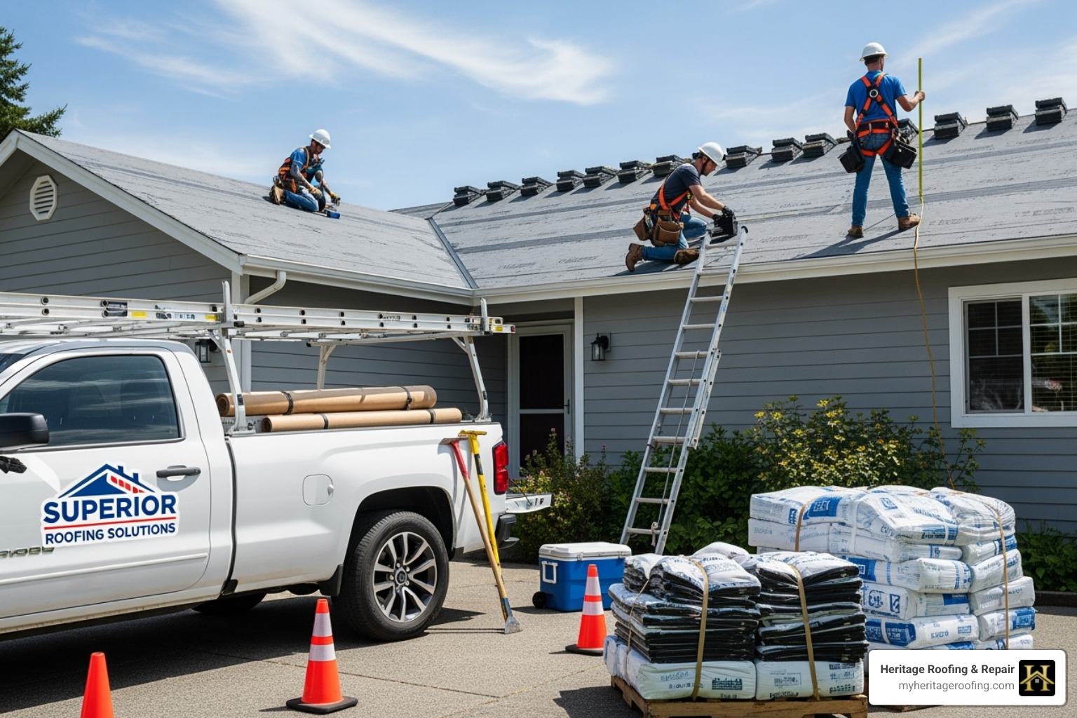 clean and organized roofing worksite with a company truck visible - Local roofing solutions