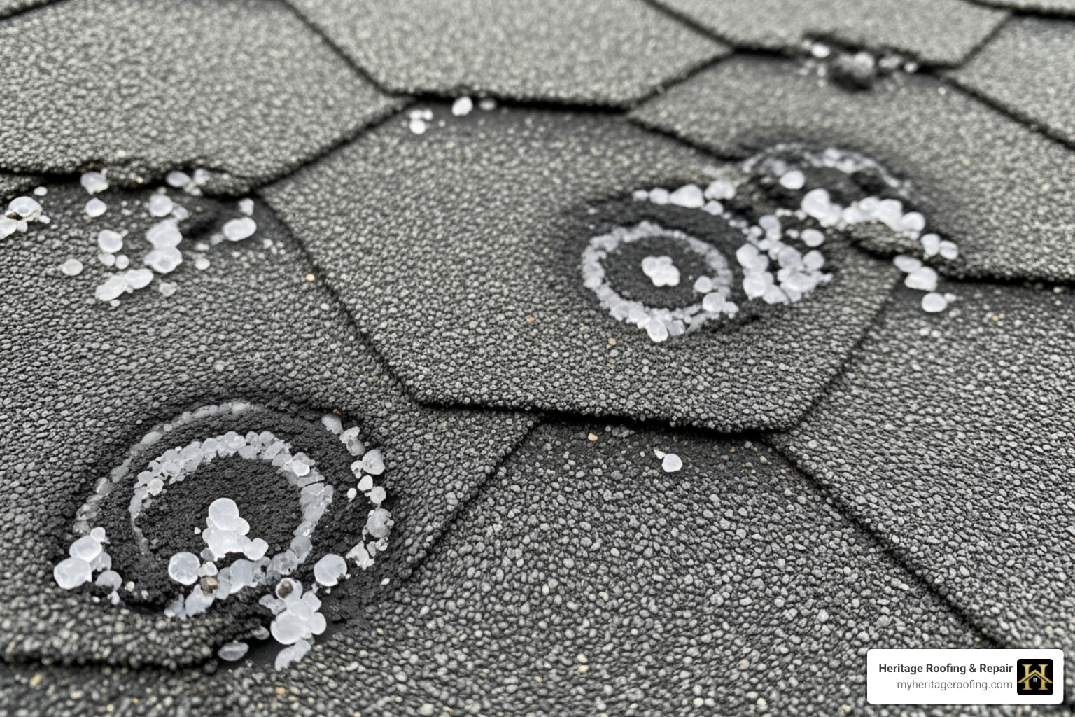 a close-up of hail damage on an asphalt shingle, showing impact marks - Roofing insurance claims