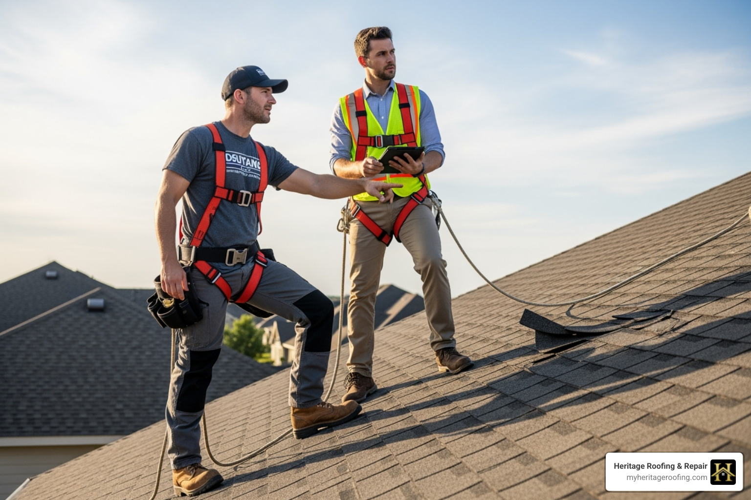 a professional roofer and an insurance adjuster on a roof together, pointing at the shingles - Roofing insurance claims