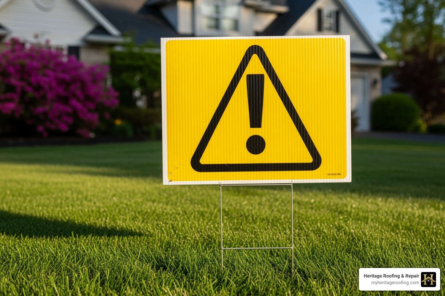 a "Beware of Storm Chasers" yard sign - Roofing insurance claims