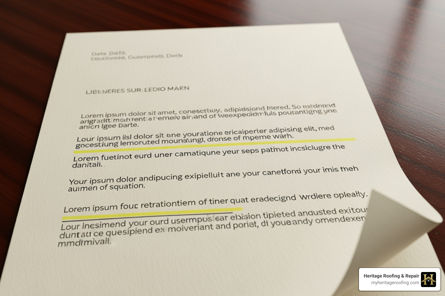a formal insurance denial letter with highlighted sections - Roofing insurance claims