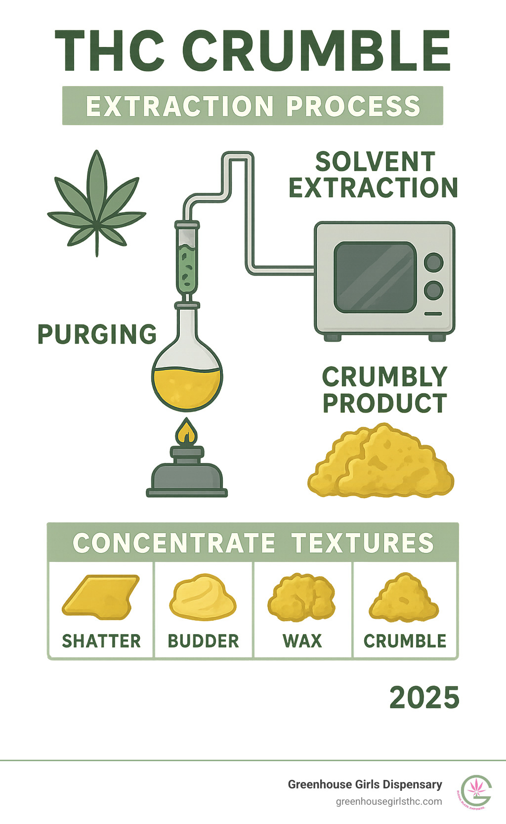 Comprehensive guide showing THC crumble extraction process from cannabis plant to final golden crumbly product, including solvent extraction, purging stages, and comparison chart of different concentrate textures - thc crumble infographic 