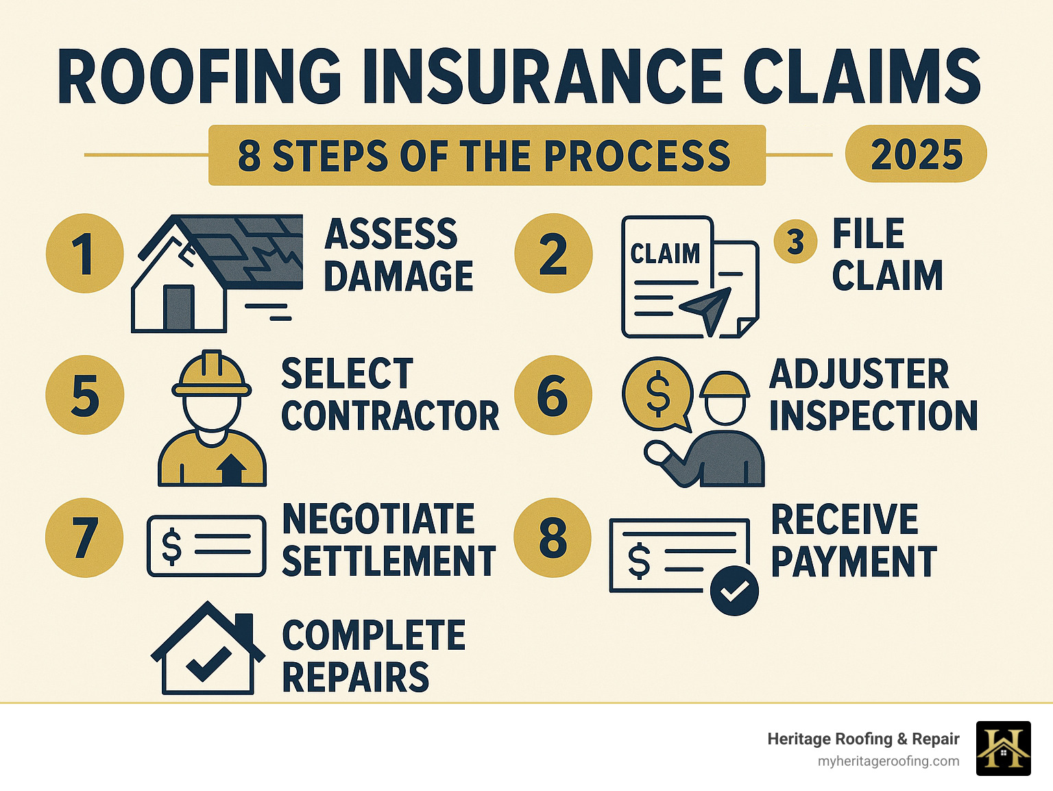 Comprehensive guide showing the 8 steps of roofing insurance claims process from initial damage assessment through final payment and completion, including policy review, documentation requirements, contractor selection, adjuster inspection, and claim settlement timeline - Roofing insurance claims infographic 