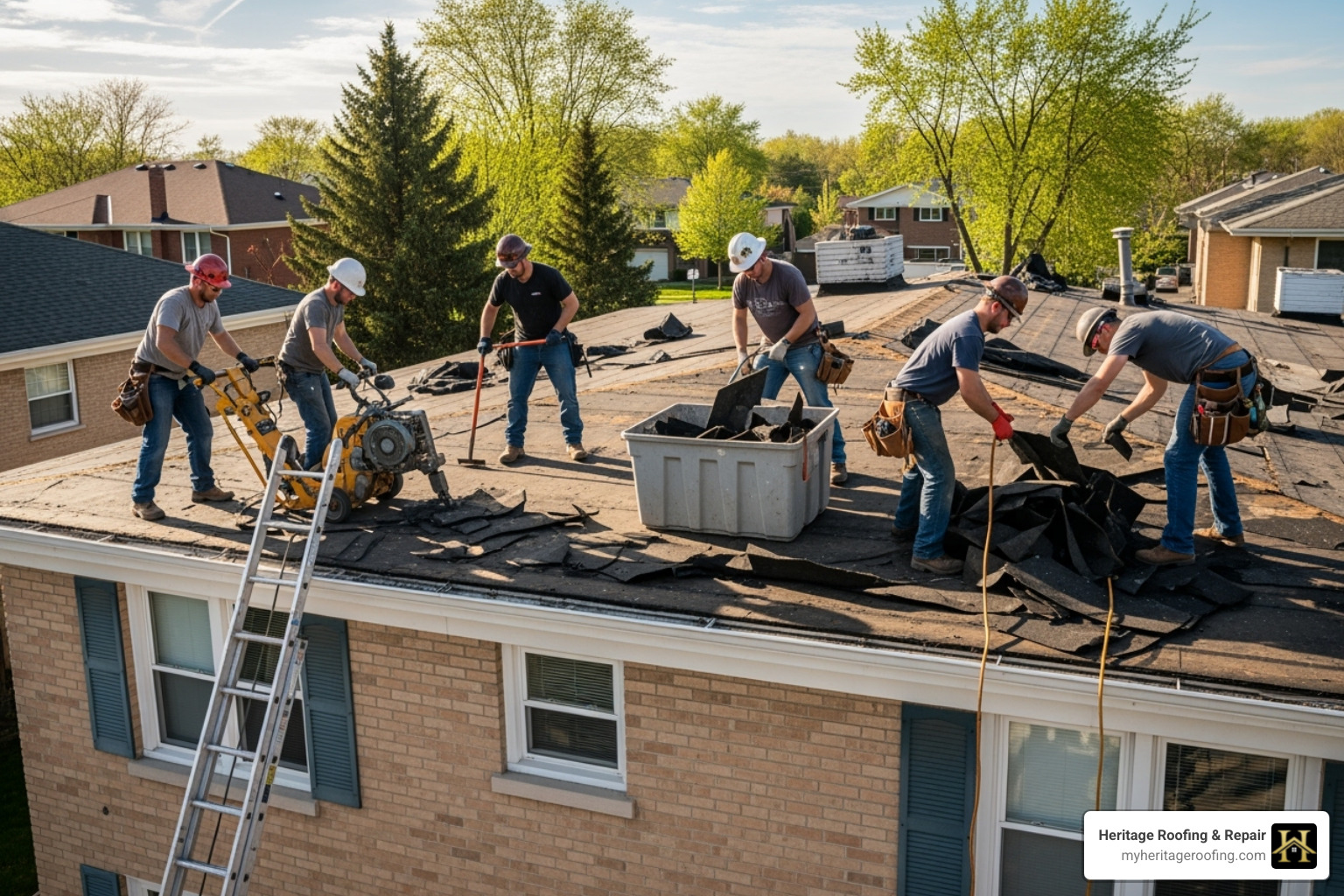 A roofing crew actively working on removing an old flat roof - residential flat roof replacement
