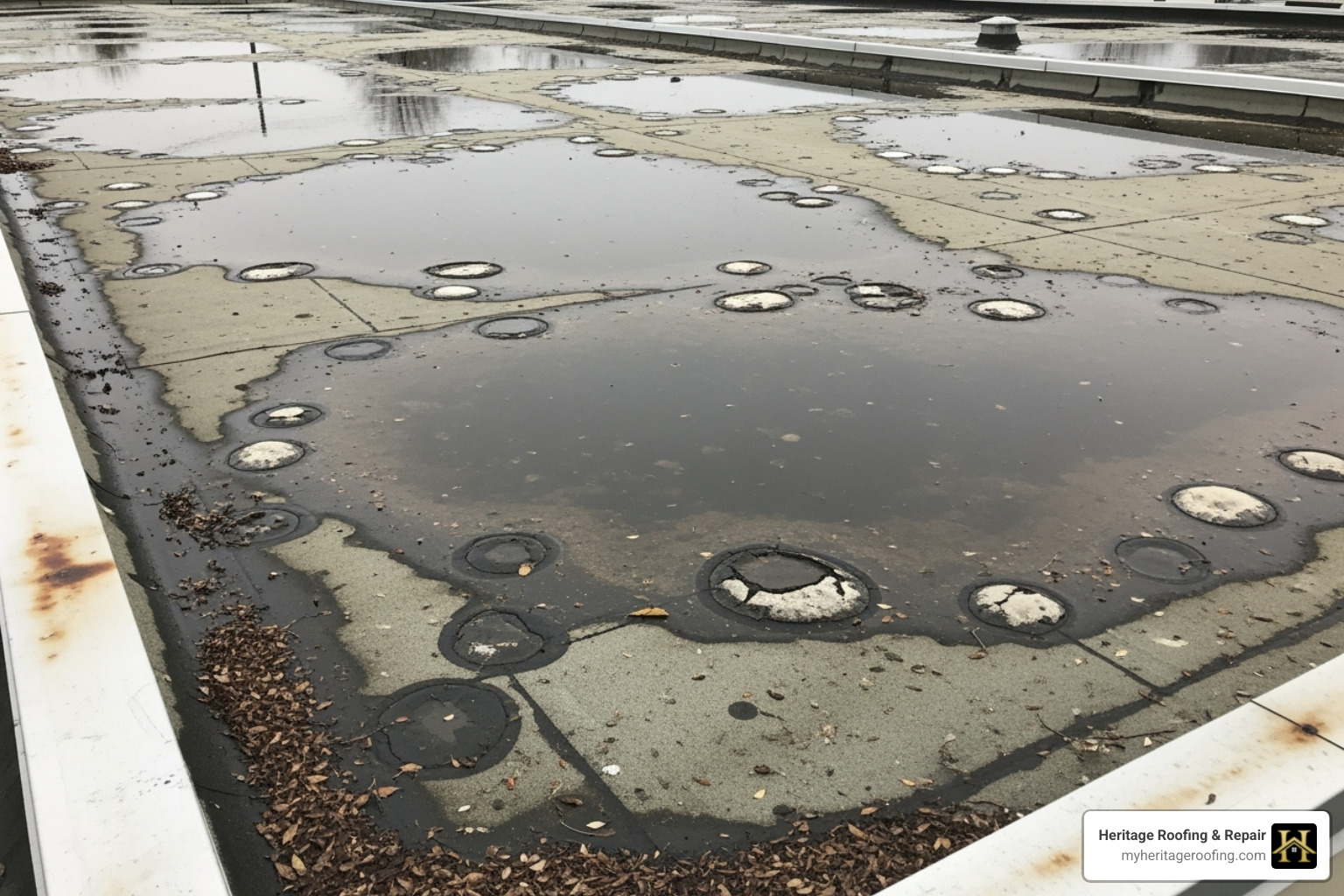 A flat roof with visible ponding water and blistering, indicating severe issues - residential flat roof replacement