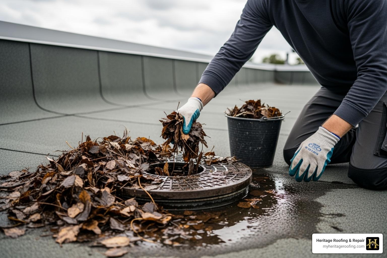 A person safely clearing debris from a flat roof drain - residential flat roof replacement
