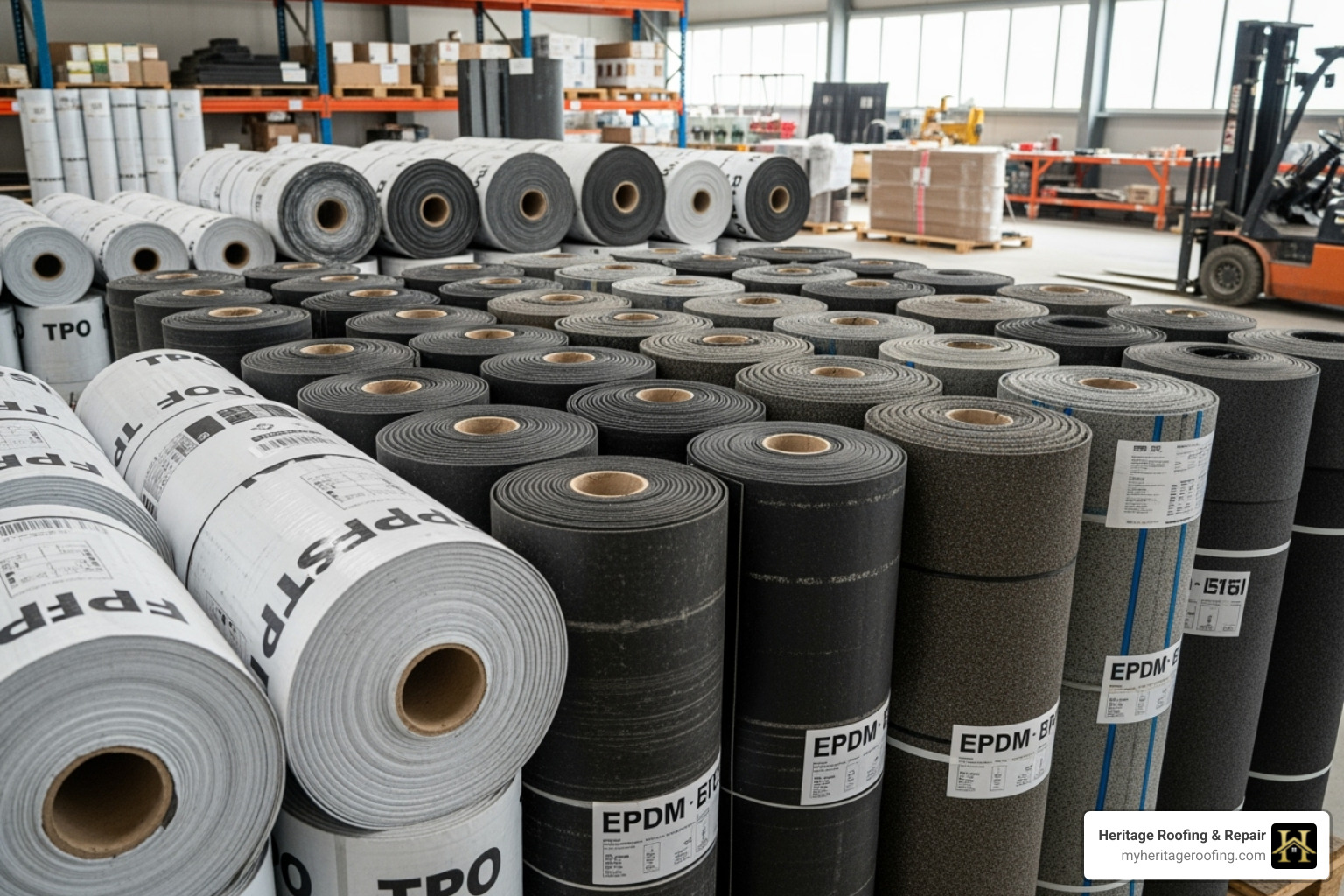 Image showing rolls of different flat roofing materials like TPO, EPDM, and Modified Bitumen - residential flat roof replacement
