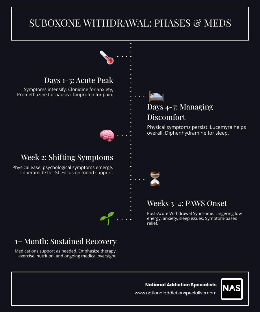 Comprehensive infographic showing timeline of Suboxone withdrawal symptoms from days 1-3 through week 4, with corresponding medications for each phase including clonidine for early anxiety, ibuprofen for muscle aches, sleep aids for insomnia, and long-term support medications - Medications for Suboxone withdrawal infographic infographic-line-5-steps-dark Comprehensive infographic showing timeline of Suboxone withdrawal symptoms from days 1-3 through week 4, with corresponding medications for each phase including clonidine for early anxiety, ibuprofen for muscle aches, sleep aids for insomnia, and long-term support medications - Medications for Suboxone withdrawal infographic infographic-line-5-steps-dark