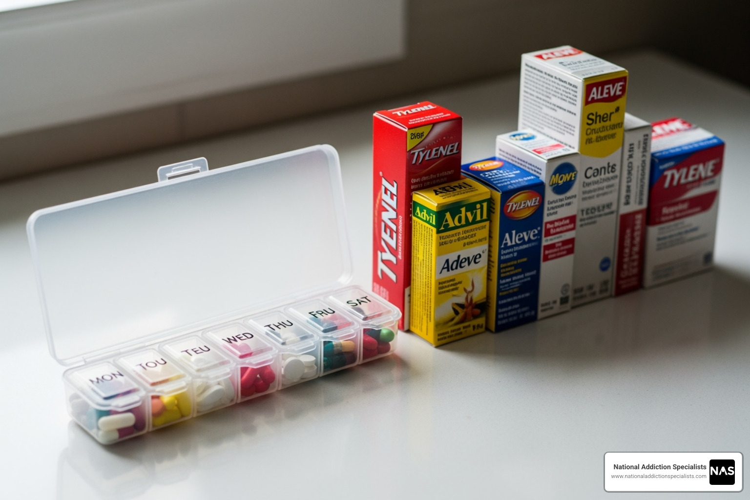 Neatly organized pill case and some over-the-counter medication boxes - Medications for Suboxone withdrawal Neatly organized pill case and some over-the-counter medication boxes - Medications for Suboxone withdrawal