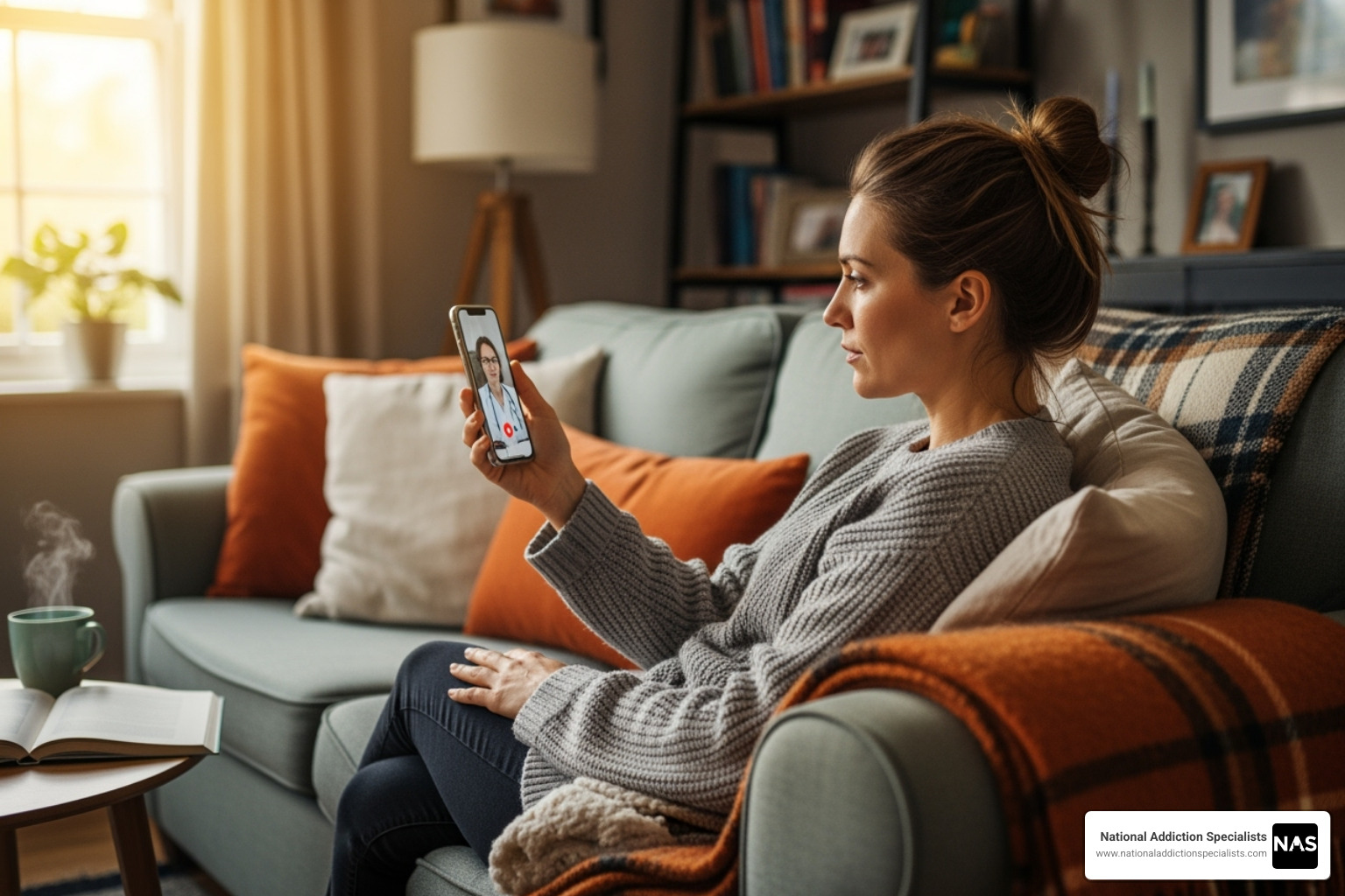Patient having a telemedicine consultation on their phone from their couch - Medications for Suboxone withdrawal Patient having a telemedicine consultation on their phone from their couch - Medications for Suboxone withdrawal