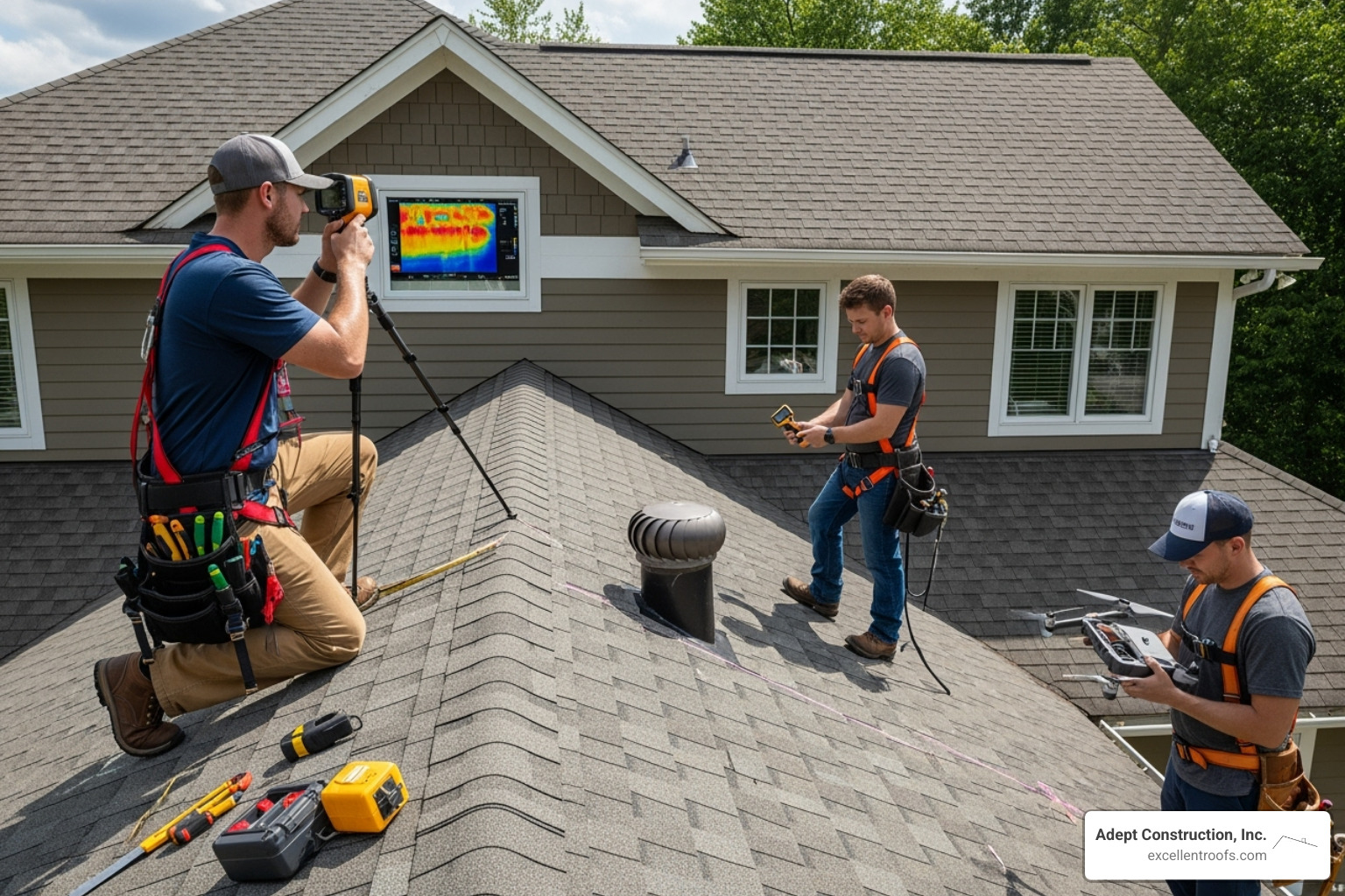 professional roofing crew inspecting a roof with specialized equipment - can a handyman repair a roof - can a handyman repair a roof