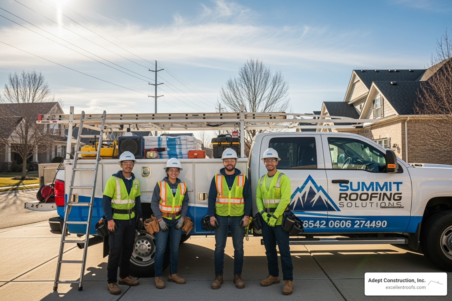 Adept Construction truck and team, ready to provide expert roofing services - can a handyman repair a roof - can a handyman repair a roof