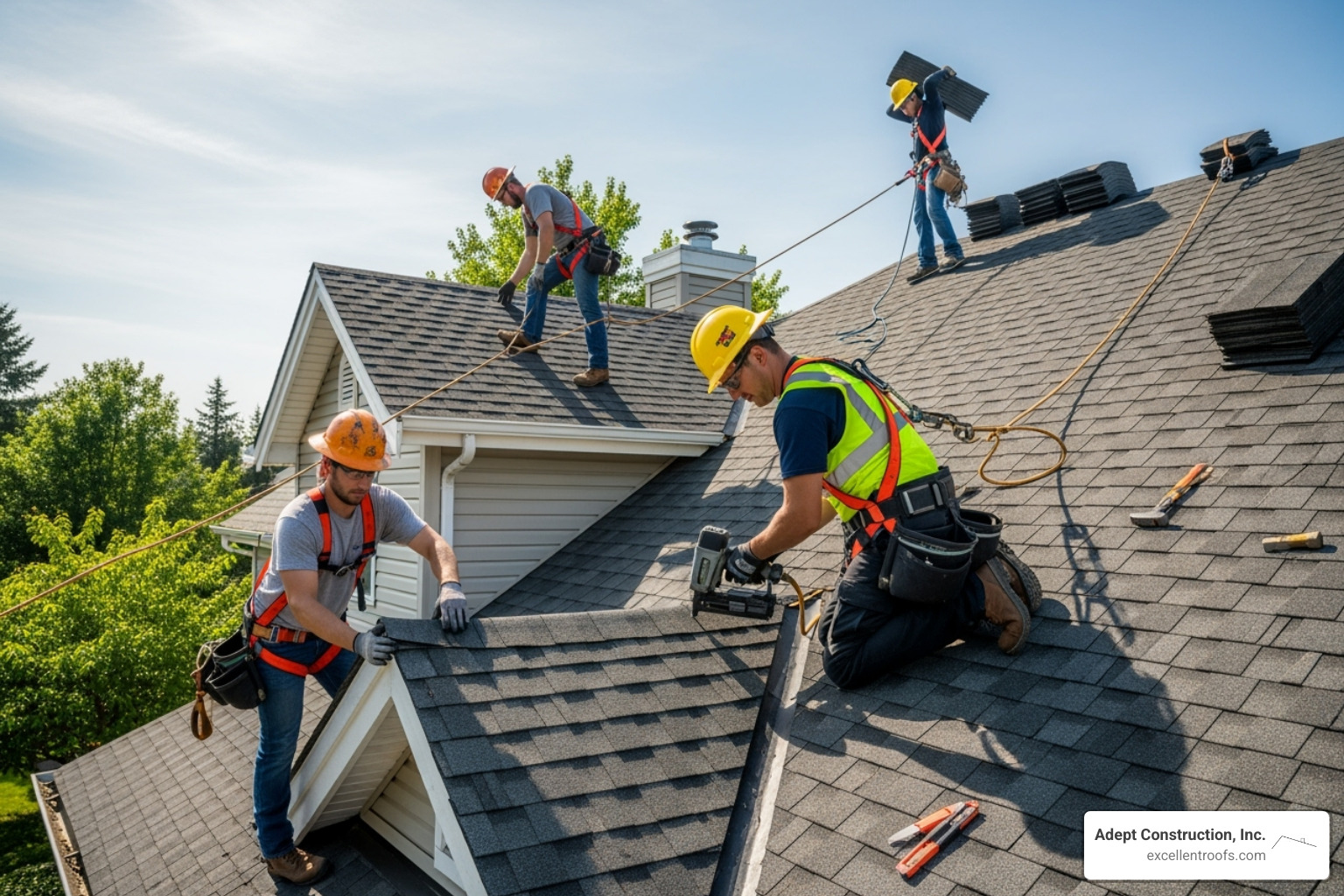 Adept Construction team working on a roof, showcasing professionalism and safety gear - can a handyman repair a roof - can a handyman repair a roof