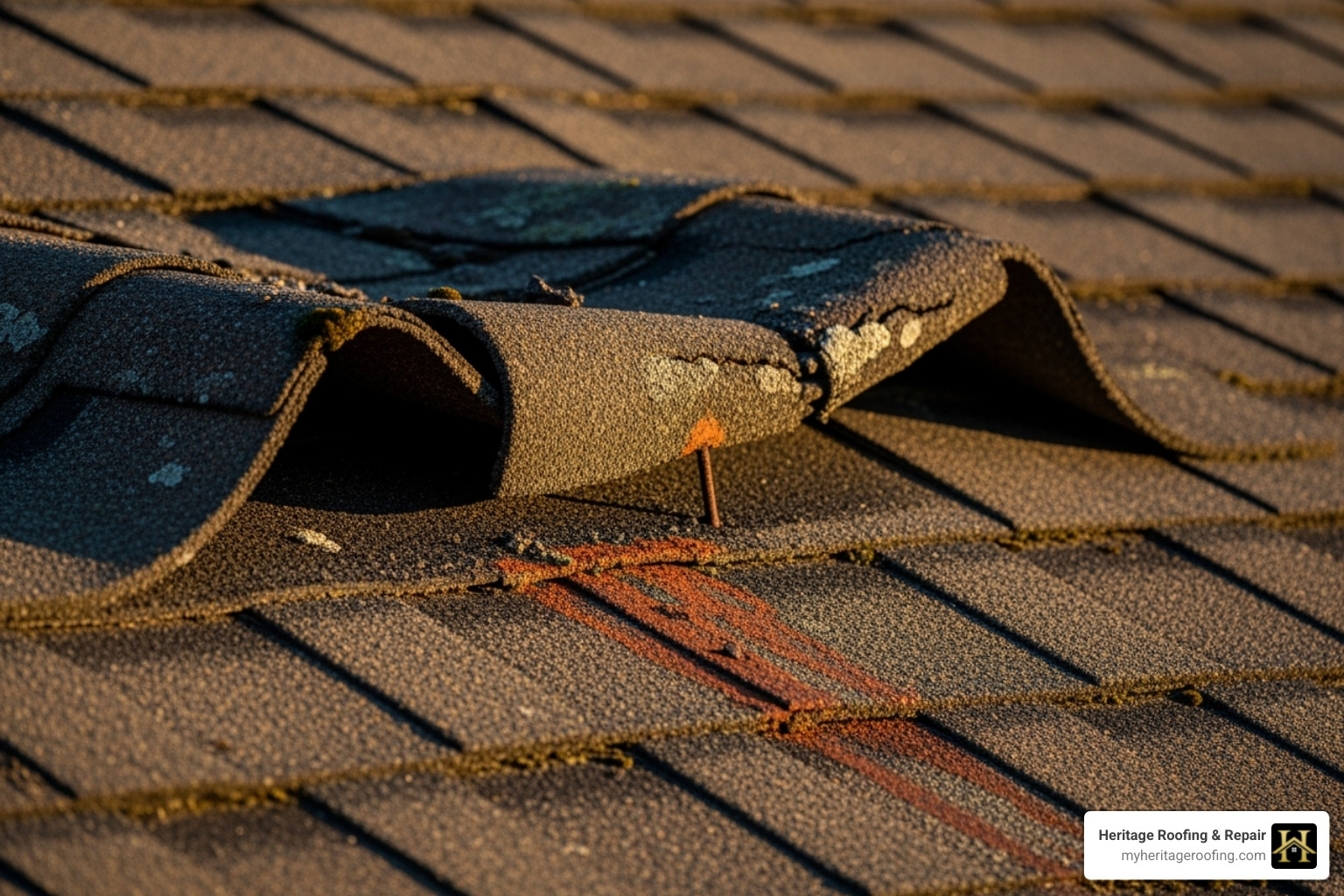 Curling and buckling asphalt shingles on an old roof. - best residential roofing replacement services