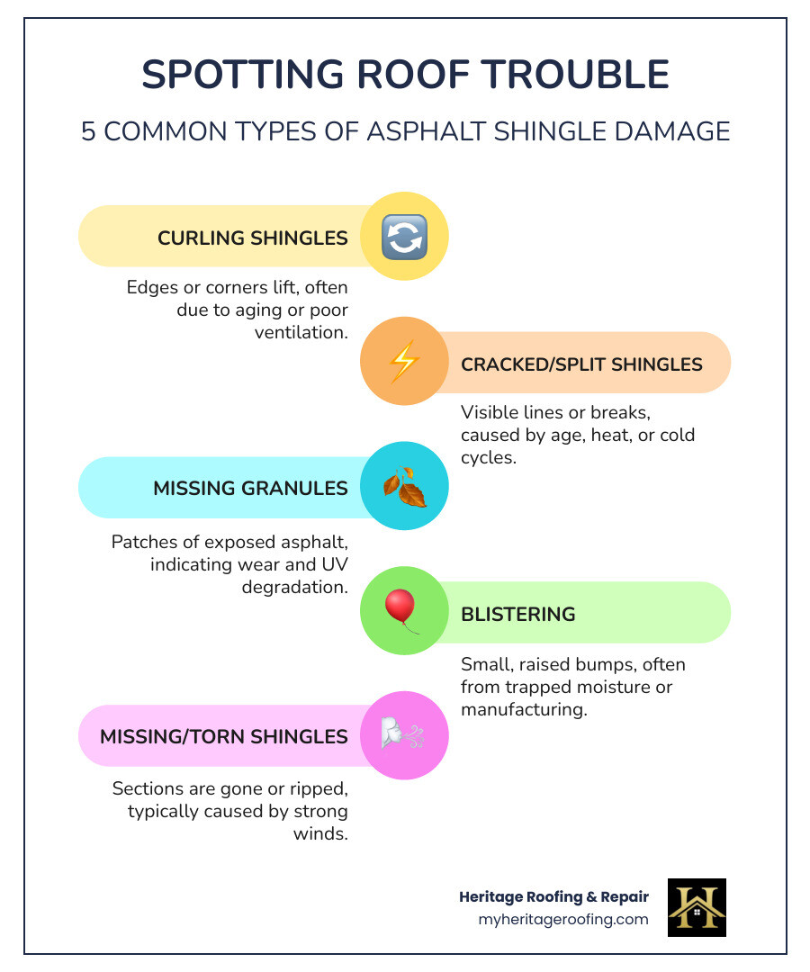 Common asphalt shingle repair types including missing shingles, curled edges, cracks, granule loss, and proper repair tools like hammers, sealant, and replacement shingles - Asphalt shingle repair infographic infographic-line-5-steps-colors Common asphalt shingle repair types including missing shingles, curled edges, cracks, granule loss, and proper repair tools like hammers, sealant, and replacement shingles - Asphalt shingle repair infographic infographic-line-5-steps-colors