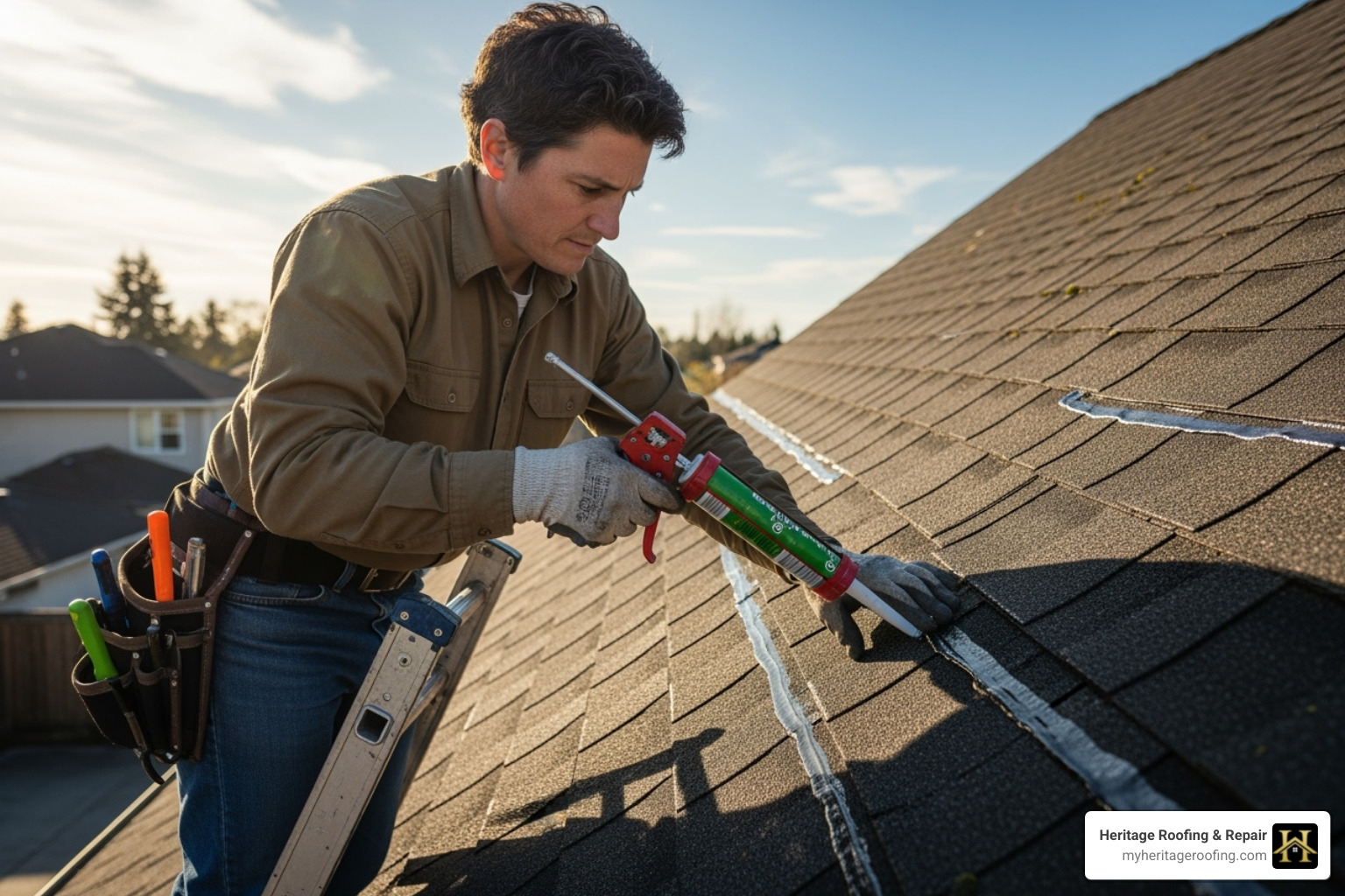 a homeowner carefully applying sealant to a shingle - Asphalt shingle repair a homeowner carefully applying sealant to a shingle - Asphalt shingle repair