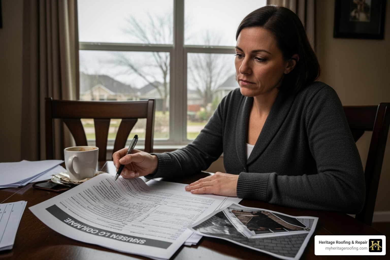 Homeowner reviewing an insurance claim form for storm damage - average roof replacement cost