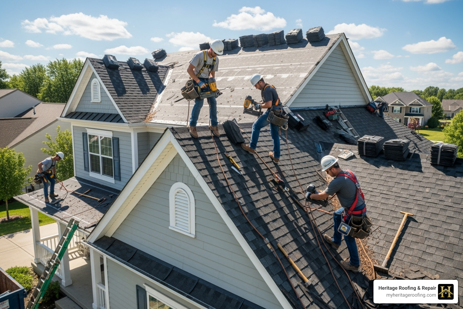 The Heritage Roofing & Repair team working on a local home - average roof replacement cost