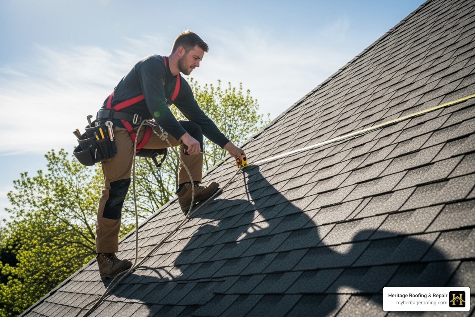 Roofer measuring a steep-pitched roof - average roof replacement cost