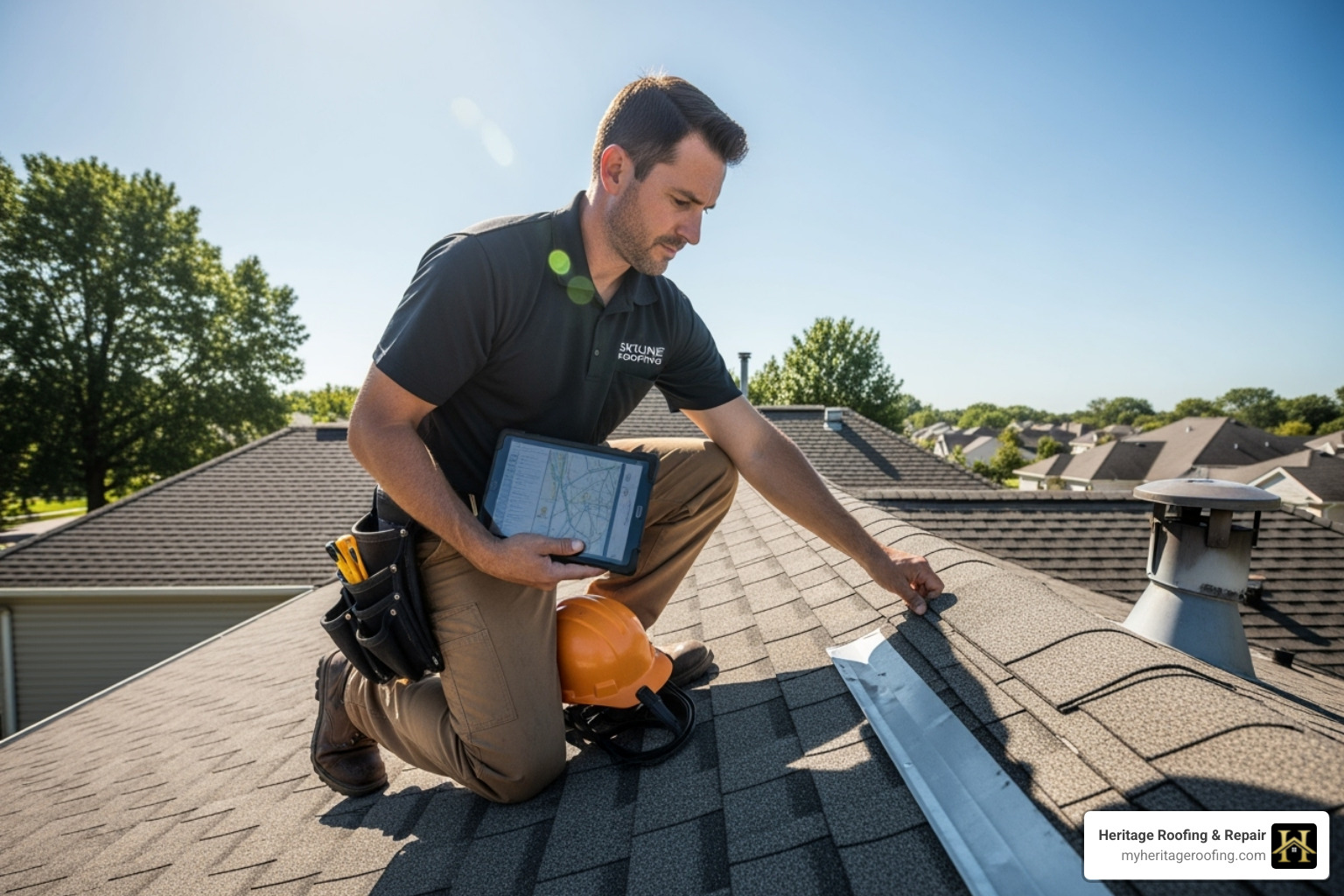 Image of a roofer conducting a detailed roof inspection - roofing companies in harrison arkansas