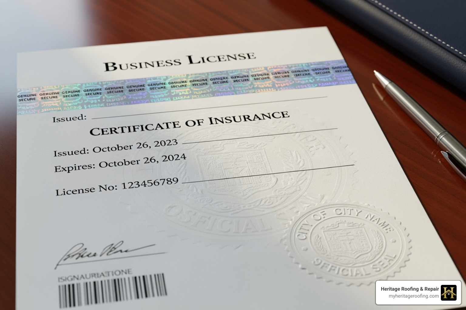 Image of a roofing license or insurance certificate - roofing companies in harrison arkansas