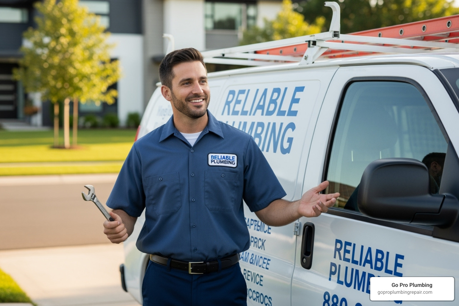a professional, friendly plumber standing next to a service vehicle - easy finance water heater