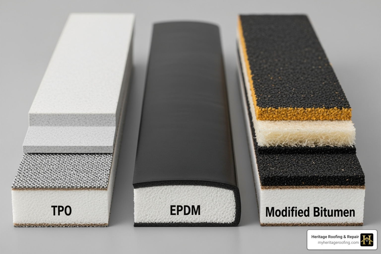 Image showing cross-sections or samples of TPO, EPDM, and Modified Bitumen roofing materials side-by-side for comparison - tpo roofing hail damage