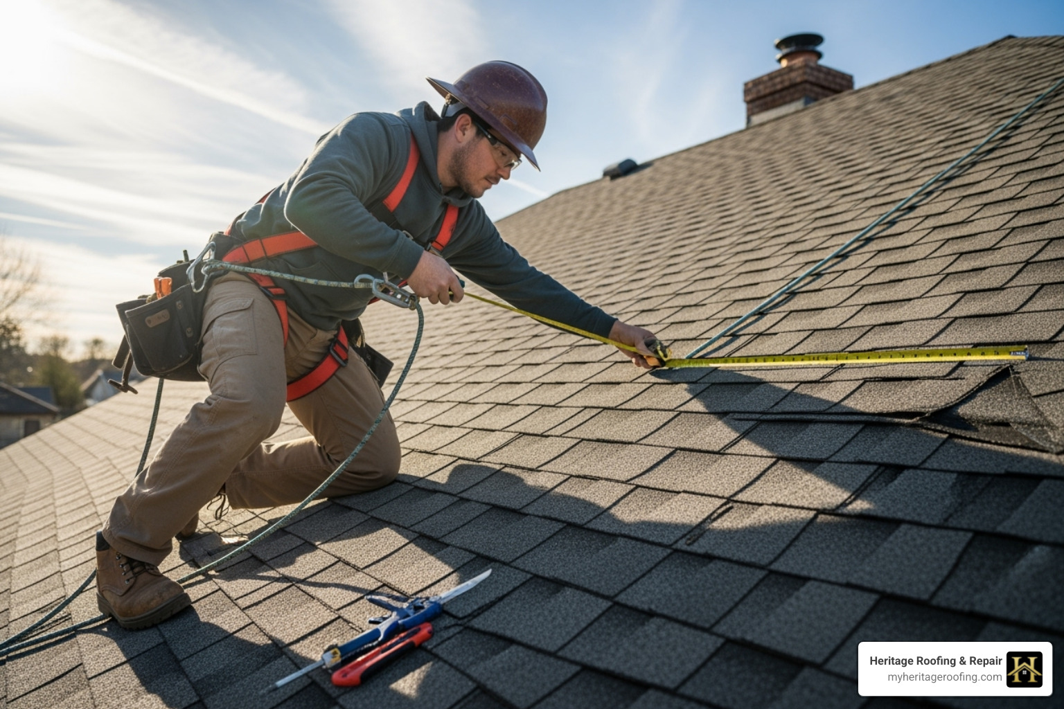 roofer measuring a section of a roof for repair - roofing repair cost