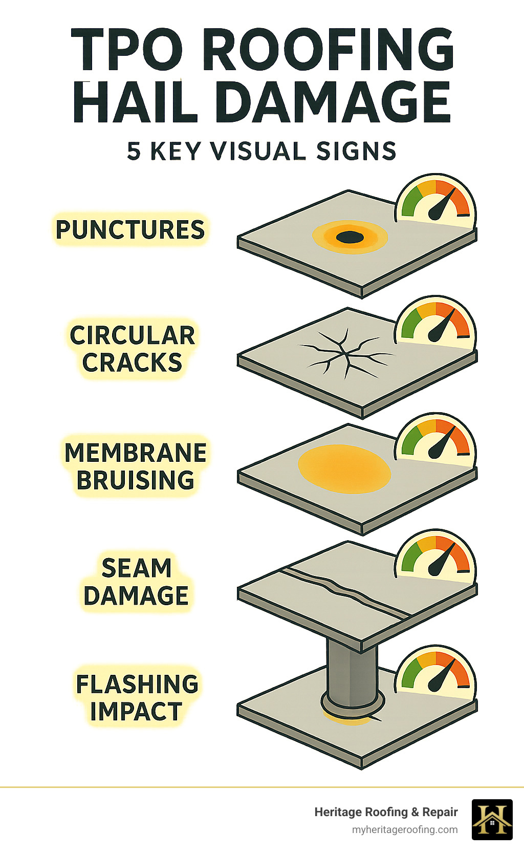 Comprehensive infographic showing the 5 key visual signs of TPO hail damage including punctures, circular cracks, membrane bruising, seam damage, and flashing impact, with detailed illustrations of each type of damage and severity indicators - tpo roofing hail damage infographic 