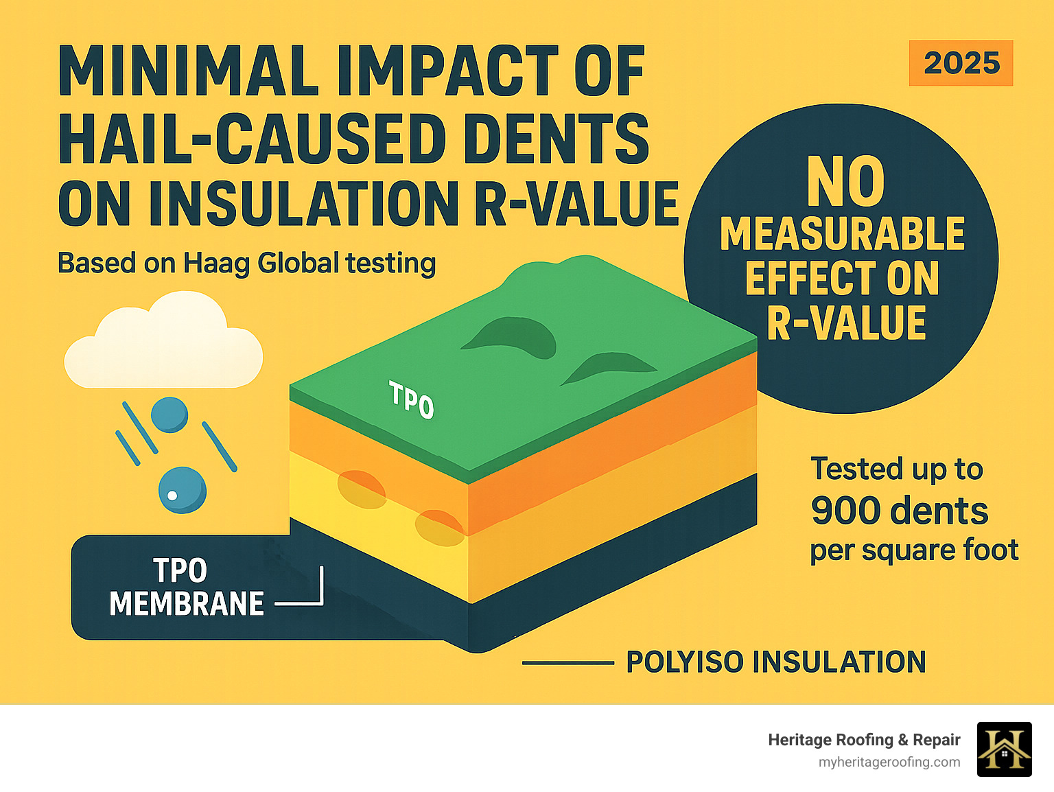 Infographic showing the minimal impact of hail-caused dents on insulation R-value, with data from Haag Global's testing - tpo roofing hail damage infographic 