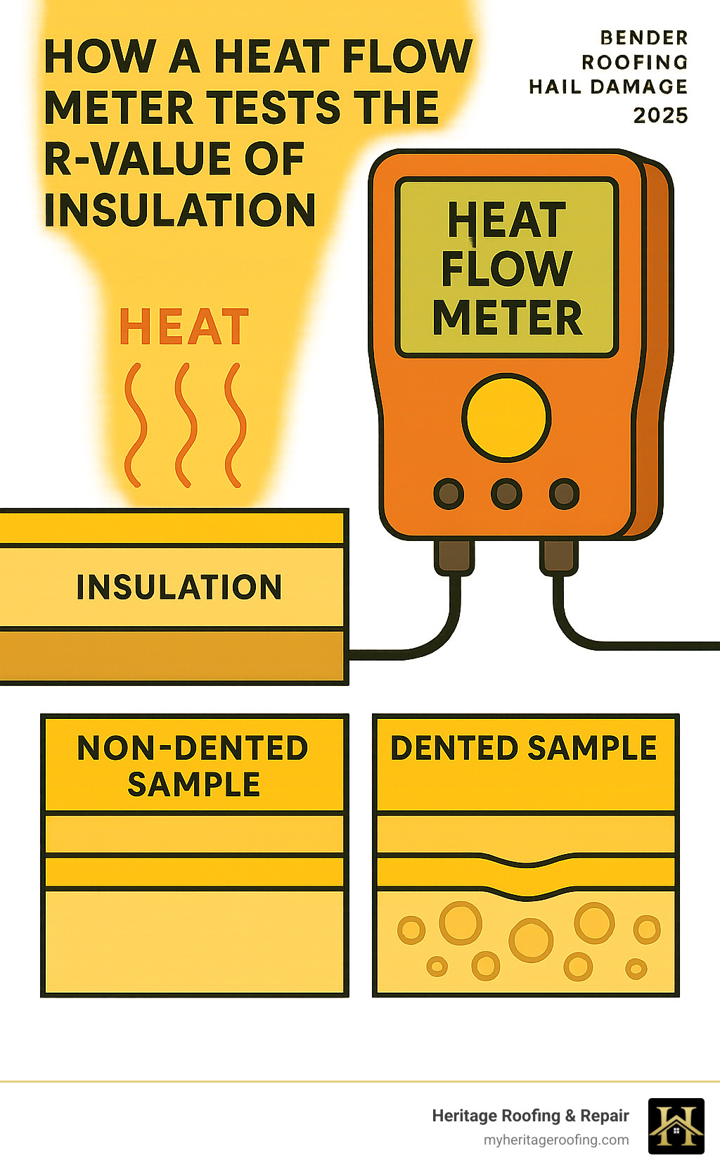 Infographic showing how a heat flow meter tests the R-value of insulation, with a comparison of dented vs. non-dented samples - tpo roofing hail damage infographic 