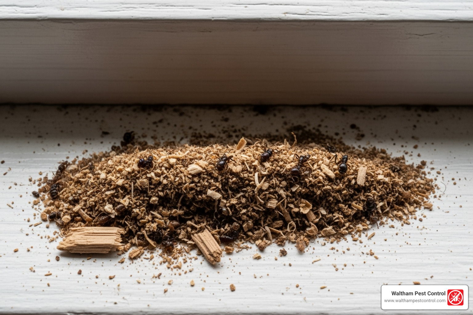 Frass below a windowsill - big carpenter ant