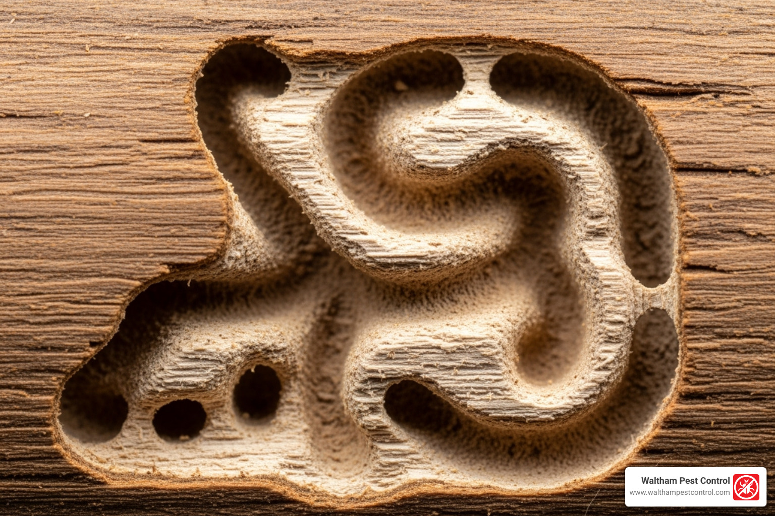 A detailed view of a carpenter ant nest gallery intricately carved inside a piece of wood, showing the smooth, clean tunnels characteristic of their excavation - big carpenter ant