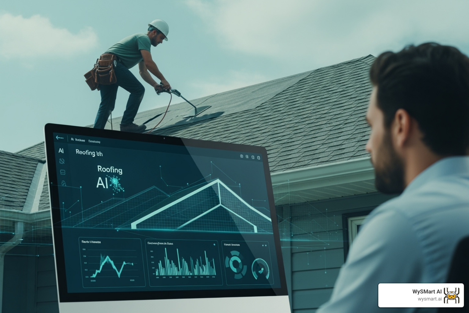 A roofer on a roof working while an office administrator uses AI software on a computer, demonstrating human-AI collaboration - AI for roofers A roofer on a roof working while an office administrator uses AI software on a computer, demonstrating human-AI collaboration - AI for roofers