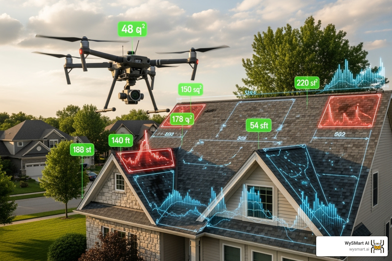 A drone flying over a residential roof, with data overlays showing measurements and potential damage spots - AI for roofers A drone flying over a residential roof, with data overlays showing measurements and potential damage spots - AI for roofers