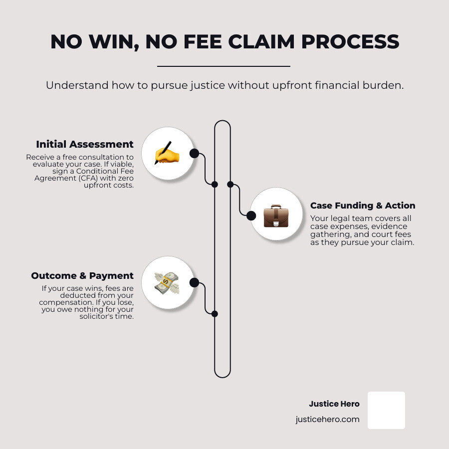 Detailed infographic showing the step-by-step process of a no win no fee claim: starting with free consultation and case evaluation, moving through signing the conditional fee agreement with zero upfront costs, proceeding to evidence gathering and legal action funded by the law firm, and ending with either winning compensation minus success fee or losing with no payment owed to lawyers - no win fee infographic infographic-line-3-steps-neat_beige