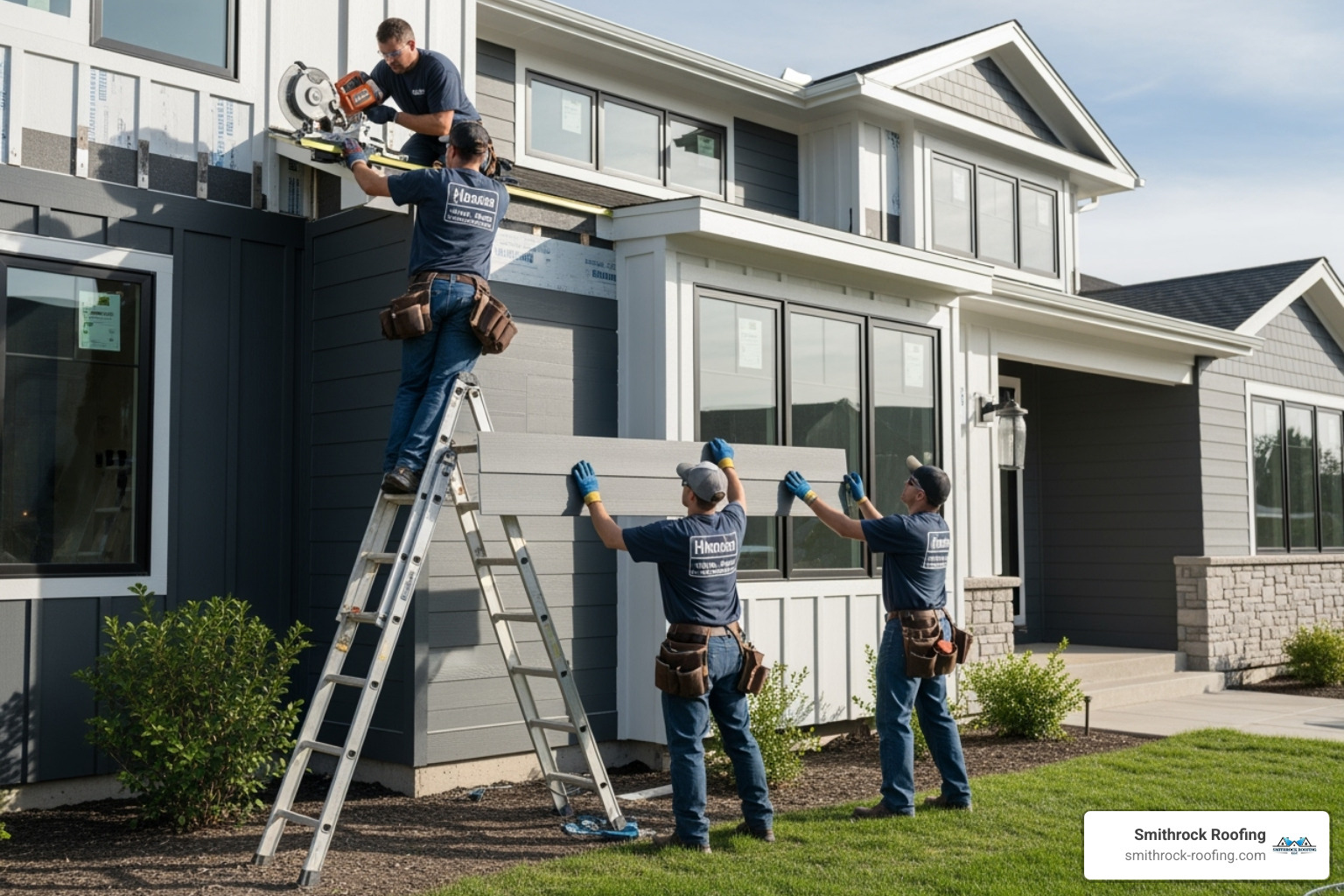 A team of professional siding installers carefully installing Hardie Board siding on a modern residential home, showcasing the precision and expertise involved in the process - vinyl vs hardie board siding