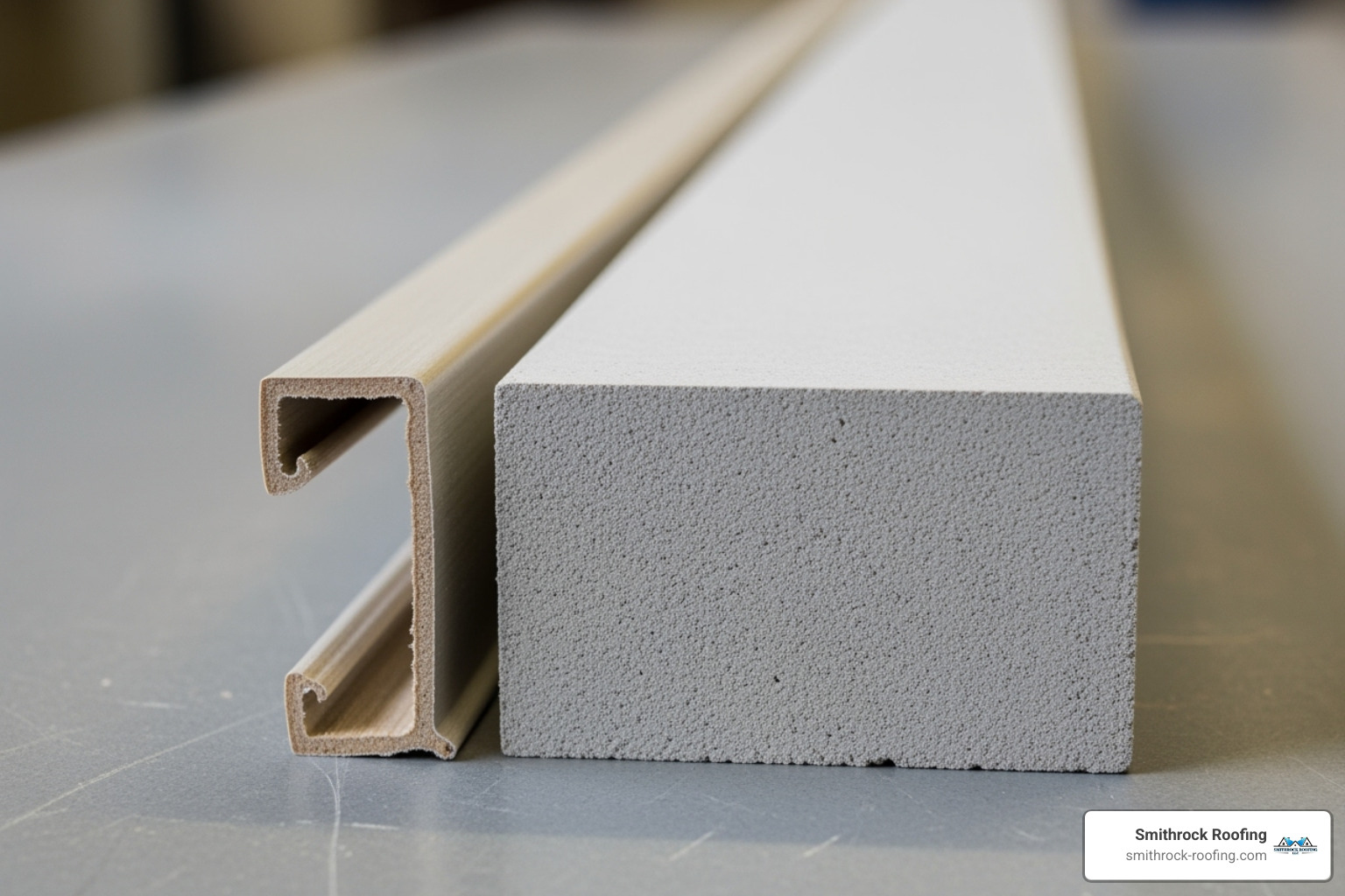 comparing the thickness of a vinyl panel next to a Hardie Board plank - vinyl vs hardie board siding