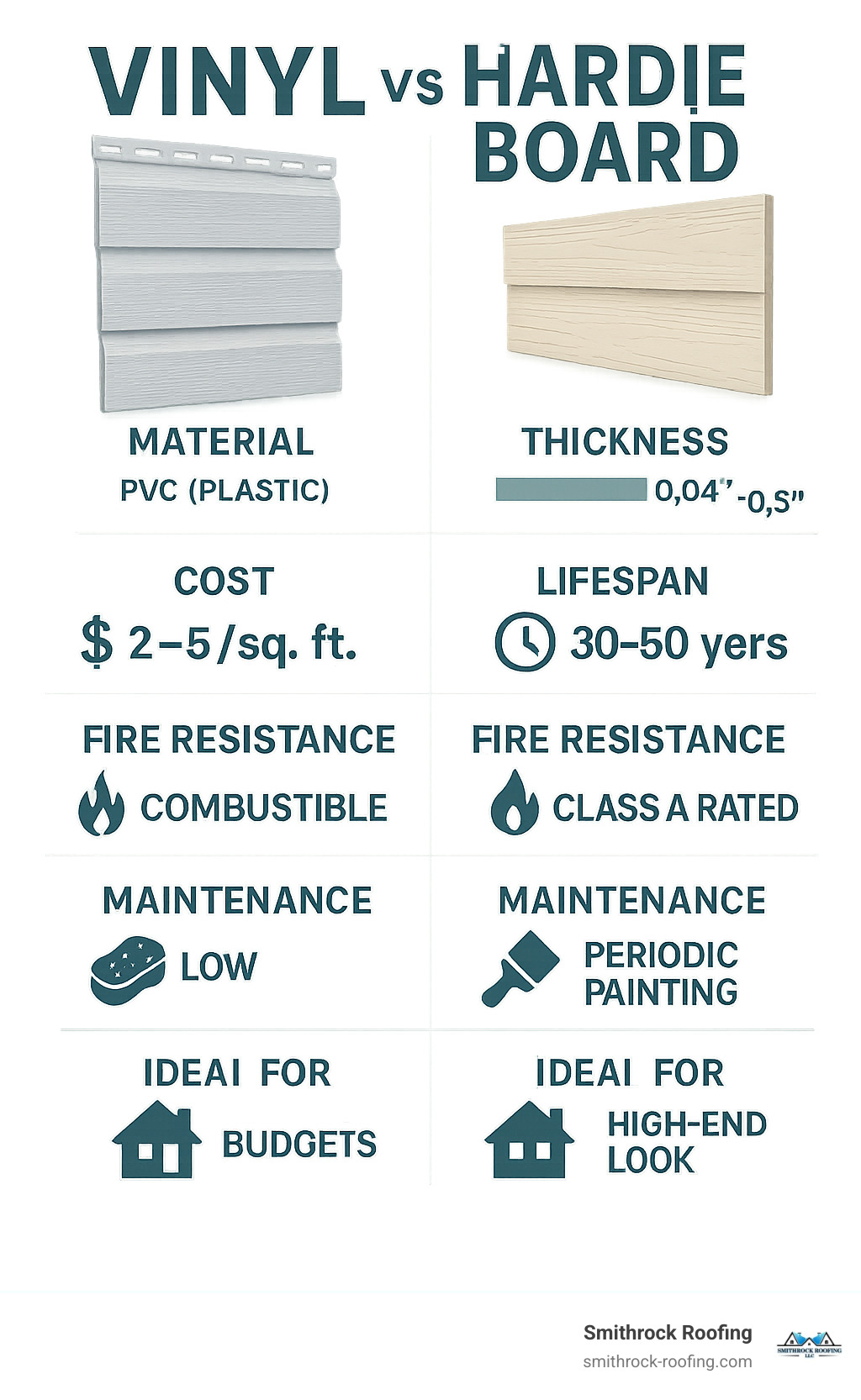 Comprehensive comparison infographic showing vinyl siding versus Hardie board siding with material composition, thickness differences, cost breakdowns, lifespan comparisons, fire resistance ratings, maintenance requirements, and ideal use cases for each material - vinyl vs hardie board siding infographic 