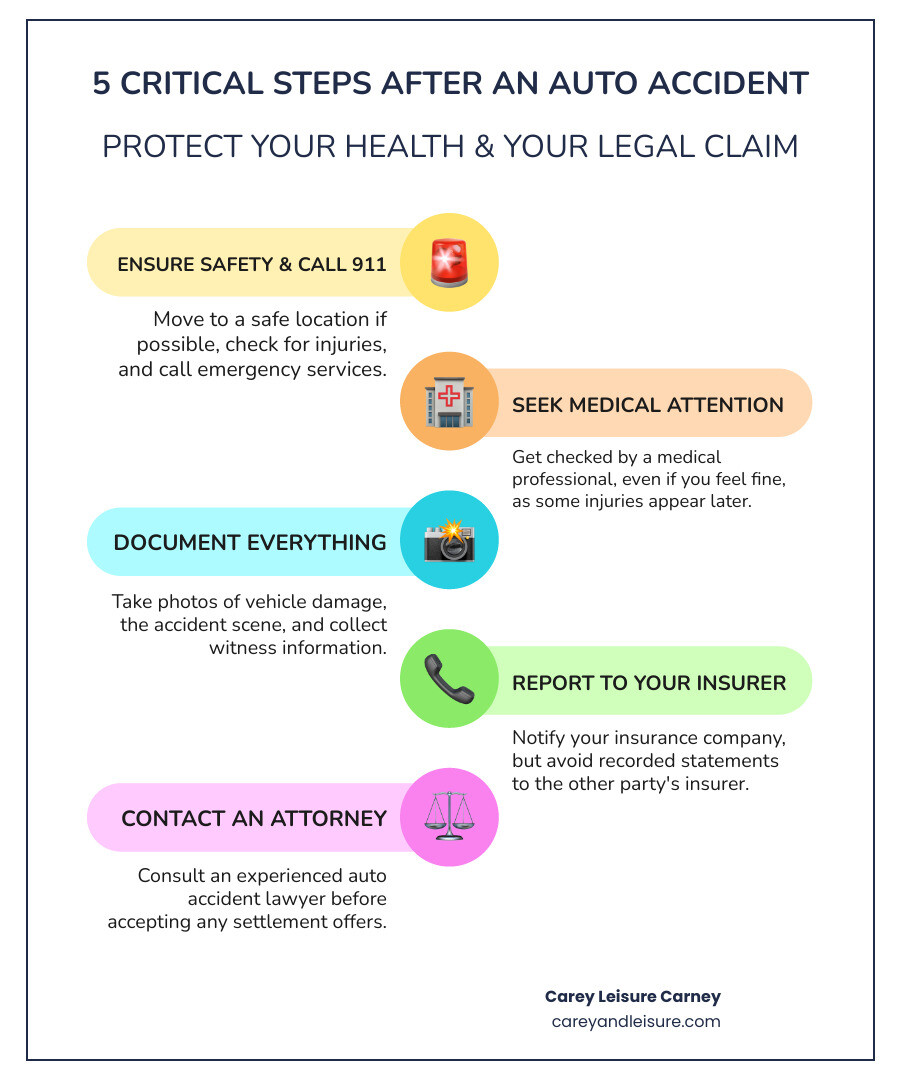 Infographic showing the 5 critical steps after an auto accident: 1) Ensure safety and call 911, 2) Seek immediate medical attention even if you feel fine, 3) Document everything with photos and witness information, 4) Report to your insurance company but avoid recorded statements to the other party, 5) Contact an experienced auto accident attorney before accepting any settlement offers - Auto accident legal help infographic infographic-line-5-steps-colors Infographic showing the 5 critical steps after an auto accident: 1) Ensure safety and call 911, 2) Seek immediate medical attention even if you feel fine, 3) Document everything with photos and witness information, 4) Report to your insurance company but avoid recorded statements to the other party, 5) Contact an experienced auto accident attorney before accepting any settlement offers - Auto accident legal help infographic infographic-line-5-steps-colors